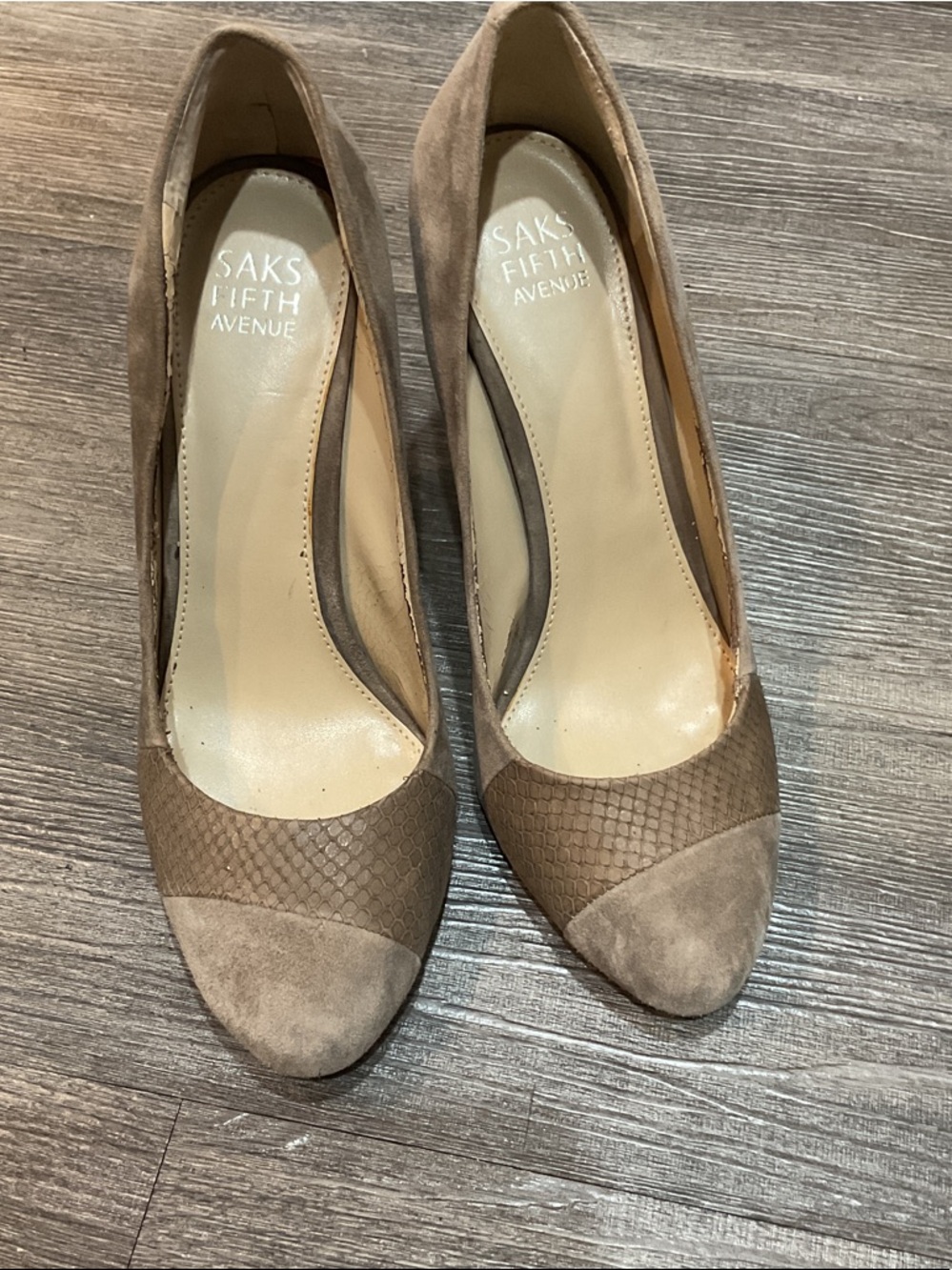 Saks Fifth Avenue Taupe Suede & Textured Cap-Toe Pumps